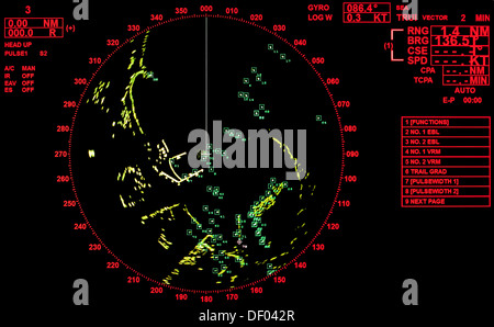 Noir et rouge de l'écran radar des navires modernes avec carte ronde et les étiquettes de texte standard Banque D'Images