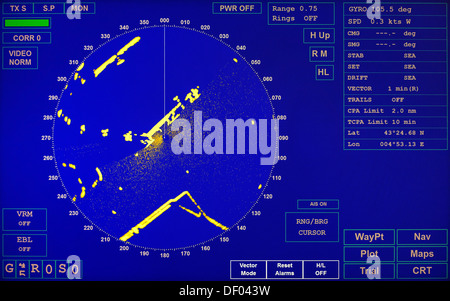 Navire moderne bleu écran radar avec carte ronde et les étiquettes de texte standard Banque D'Images