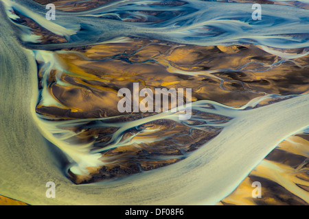 Vue aérienne, tressé structure de la rivière Tungnaá Highlands islandais, Islande, Europe, Banque D'Images