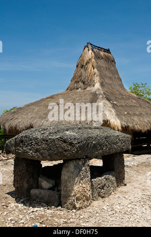 L'INDONÉSIE, Sumba, Prailiang, village perché avec des toits de chaume traditionnels a souligné Banque D'Images