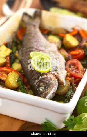 Truite au four et légumes (Selective Focus, Focus sur le devant de la chaux tranche sur le poisson) Banque D'Images