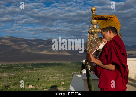 Moines soufflant conques avant les prières du matin sur le toit de Thiksey Gompa,, Thiksey (Ladakh) Jammu-et-Cachemire, l'Inde Banque D'Images