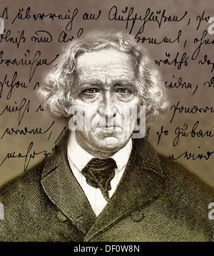 Texte manuscrit et portrait de Jacob Ludwig Karl Grimm, 1785 - 1863, un érudit littéraire et juriste allemand Banque D'Images