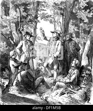 Johann Christoph Friedrich von Schiller, 1759-1805, ses élèves à lire à haute voix le roman 'Les Brigands', gravure sur bois de 1864 Banque D'Images