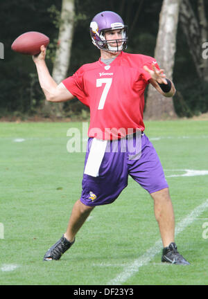 Watford, Hertfordshire, Royaume-Uni. 25 Septembre, 2013. Quarterback Christian Ponder du Minnesota Vikings - ici pour la série internationale de NFL dimanche match 7 vs Pittsburgh Steelers au stade de Wembley - au cours de la pratique du Grove Hotel, Watford, Hertfordshire, Angleterre - 25 septembre 2013 Photo de Keith Mayhew © KEITH MAYHEW/Alamy Live News Banque D'Images