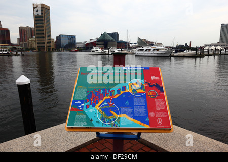 Signer décrivant le domaine critique de la baie de Chesapeake Programme d'assainissement de la baie, Inner Harbor, Baltimore, Maryland, USA Banque D'Images