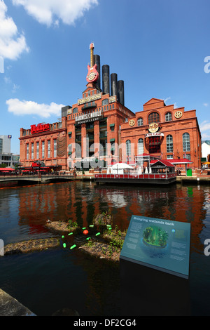 Les îles artificielles, le cadre d'un plan visant à réintroduire des zones humides à l'intérieur du port, Centrale électrique bâtiment derrière, Baltimore, USA Banque D'Images