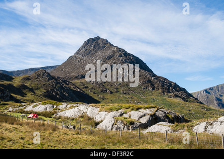 Vue de Mont Tryfan face est avec Heather terrasse dans le parc national de Snowdonia, Ogwen Valley, Conwy, au nord du Pays de Galles, Royaume-Uni, Angleterre Banque D'Images