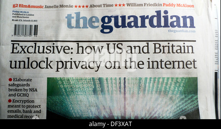 Guardian titre 'US et la Grande-Bretagne déverrouiller la vie privée sur Internet' London England UK 6 Septembre 2013 Banque D'Images
