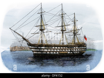 Lord Nelson, bateau HMS "victoire" dans le port de Portsmouth, années 1800. À la main, gravure sur bois Banque D'Images