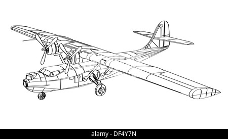 Illustration d'avion hydravion Catalina fait en wireframe isolé sur fond blanc. Banque D'Images