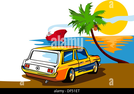 Illustration d'une Ford Mustang jaune Station Wagon voiture sur la plage fait en style rétro. Banque D'Images