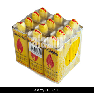 Douze bidons d'essence à briquet Ronsonol enveloppé de cellophane Banque D'Images