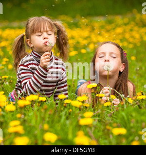 Petites sœurs blowing dandelion seeds loin dans le pré Banque D'Images