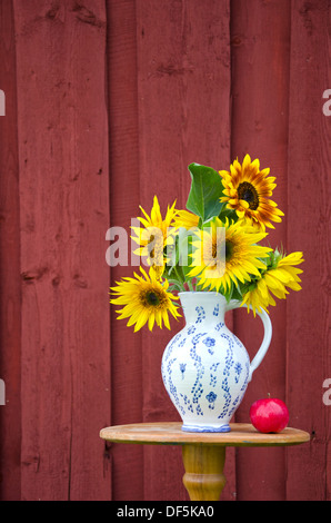 Temps d'été magnifique bouquet tournesols dans d'élégantes tasses à Red Apple. Concept-vie encore Banque D'Images