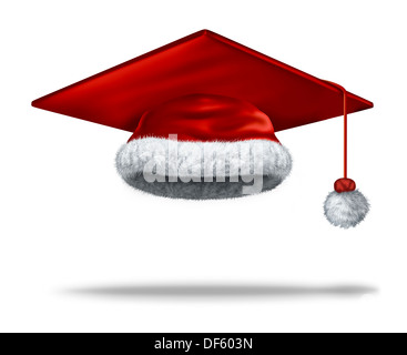 Maison de l'éducation Noël concept avec un mortier ou graduation cap comme un père noël en velours rouge avec chapeau de fourrure blanche comme symbole de fête de l'hiver la semaine de relâche et la fête du nouvel an sur un fond blanc. Banque D'Images