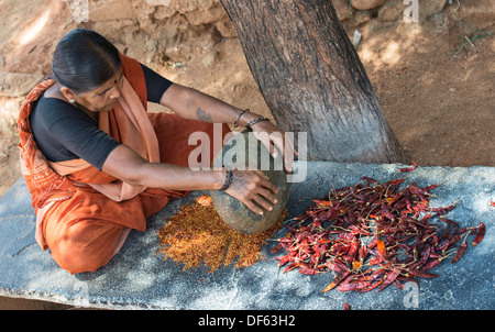 Femme indienne piment rouge séché de concassage de poudre avec une pierre ronde dans un village de l'Inde rurale. L'Andhra Pradesh, Inde Banque D'Images