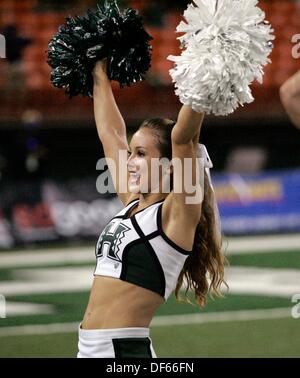 Honolulu, HI, USA. 28 août, 2013. 28 septembre 2013 - Honolulu, Hawaii, États-Unis - un cheerleader Rainbow Warrior cheers à un match entre les fresno State Bulldogs et le Kansas Rainbow Warriors à l'Aloha Stadium d'Honolulu, HI. © csm/Alamy Live News Banque D'Images