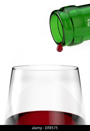 Verre de vin rouge avec la dernière goutte qui coule de la bouteille. Détail de gros plan CGI découpe de fond blanc Banque D'Images