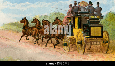 Coach et quatre chevaux du marquis de Cholmondeley, Londres, 1880. Lithographie couleur Banque D'Images