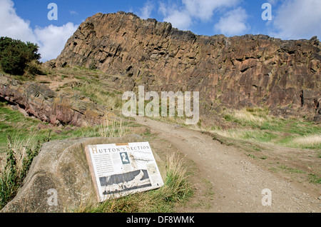 Un panneau d'information dans le parc Holyrood marquant l'emplacement de l'article de Hutton sur Salisbury Crags au centre d'Édimbourg. Banque D'Images