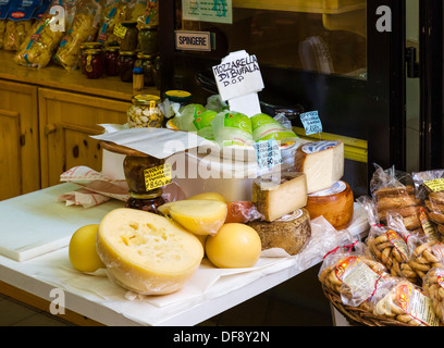 Le fromage et les autres produits régionaux locaux dans un magasin à Reggio Emilia (Reggio nell'Emilia), Emilia Romagna, Italie Banque D'Images