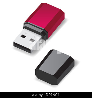 Dark red flash USB avec capuchon noir isolé sur blanc. Banque D'Images