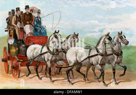 Coach et quatre chevaux de Lord Charles Beresford, Londres, 1880. Lithographie couleur Banque D'Images