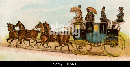 Coach et quatre chevaux d'une classe supérieure famille, Londres, 1880. Lithographie couleur Banque D'Images