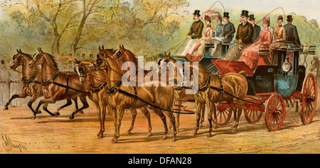 Coach et quatre chevaux de Lord Londonderry et Count Munster, Londres, 1880. Lithographie couleur Banque D'Images