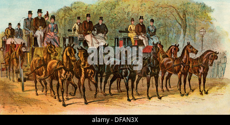 Coach et quatre chevaux de classe supérieure londoniens, les années 1880. Lithographie couleur Banque D'Images