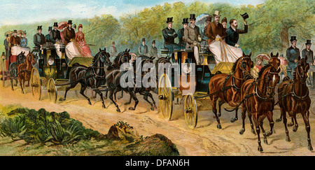 Coach et quatre chevaux de classe supérieure londoniens, les années 1880. Lithographie couleur Banque D'Images