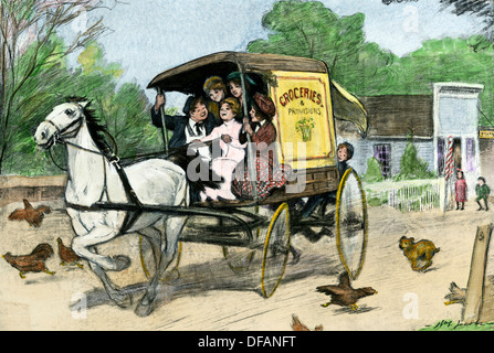 Les jeunes joie-riders course cheval chariot d'épicerie dans un village, au début des années 1900. À la main, gravure sur bois Banque D'Images