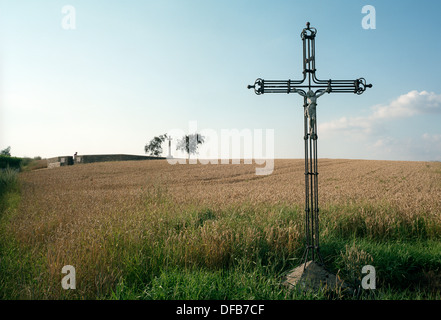 Situé au milieu des champs de maïs, la WW1 Somme cimetière de crête du Redan, serre Road, près de Serre-Les-Avesnes, France. Banque D'Images