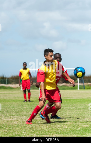 Joueurs de football junior courir après la balle, Cape Town, Afrique du Sud Banque D'Images