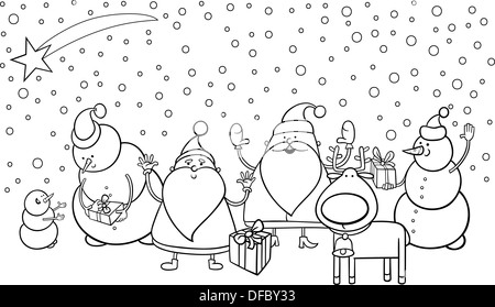 Illustration Cartoon noir et blanc de personnages Père Noël et Renne Bonhomme de groupe avec pour Coloring Book Banque D'Images