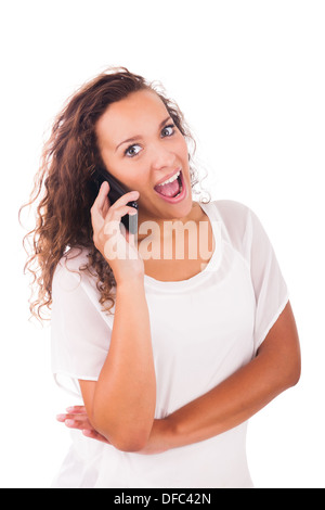 Portrait of Young Girl talking On phone isolated Banque D'Images