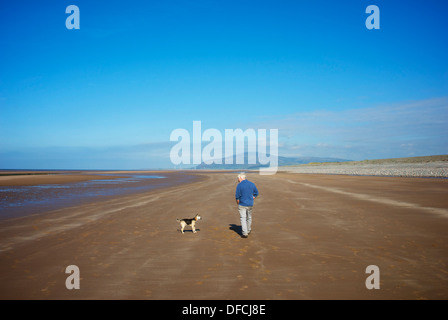 - Man and dog - marcher le long de la plage de sable de Earnse l'Île Walney, Cumbria, Angleterre, Royaume-Uni Banque D'Images