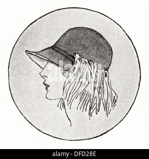 La mode garçonne des années 1920. Chapeau à rebord tourné vers le bas de tete-de-negre satin garnie de plumes d'autruche tombantes, concepteur inconnu. Illustration originale d'un magazine de mode féminine vers 1924 Banque D'Images