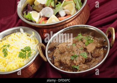 Des plats de cuivre indien avec beef rogan josh, blanc et jaune et une salade de riz Banque D'Images