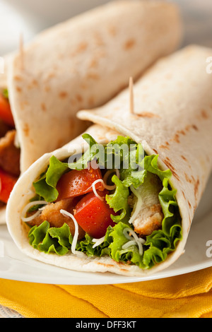 Poulet pané dans une tortilla Wrap avec laitue et tomates Banque D'Images