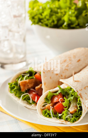 Poulet pané dans une tortilla Wrap avec laitue et tomates Banque D'Images