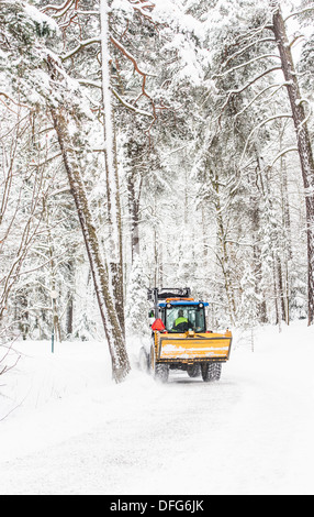 Forêt d'hiver avec chariot d'entretien et de ponçage de labour une route glacée Banque D'Images