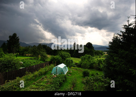 Vue sur jardin avec une serre sous ciel d'orage, la Pologne. Banque D'Images