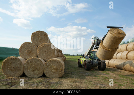 Bottes de paille transportés, Schleswig-Holstein, Allemagne Banque D'Images