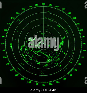 L'écran radar des navires modernes avec carte rond vert sur fond noir Banque D'Images