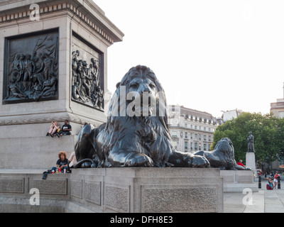 Les lions du Landseer au pied de la Colonne Nelson à Trafalgar Square, dans le West End de Londres, UK Banque D'Images