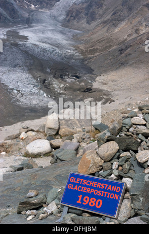 L'Autriche, Pasterze glacier plus étendue a réduit en longueur depuis 1980. Inscrivez-vous montre où fin du glacier a été en 1980 Banque D'Images