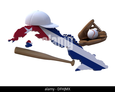La carte avec le drapeau cubain, baseball hat, gant, ballon et bat 3d illustration Banque D'Images