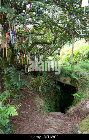 Puits sacré, avec des bandes de tissu à gauche sur un arbre des désirs par les pèlerins, Sancreed, Cornwall